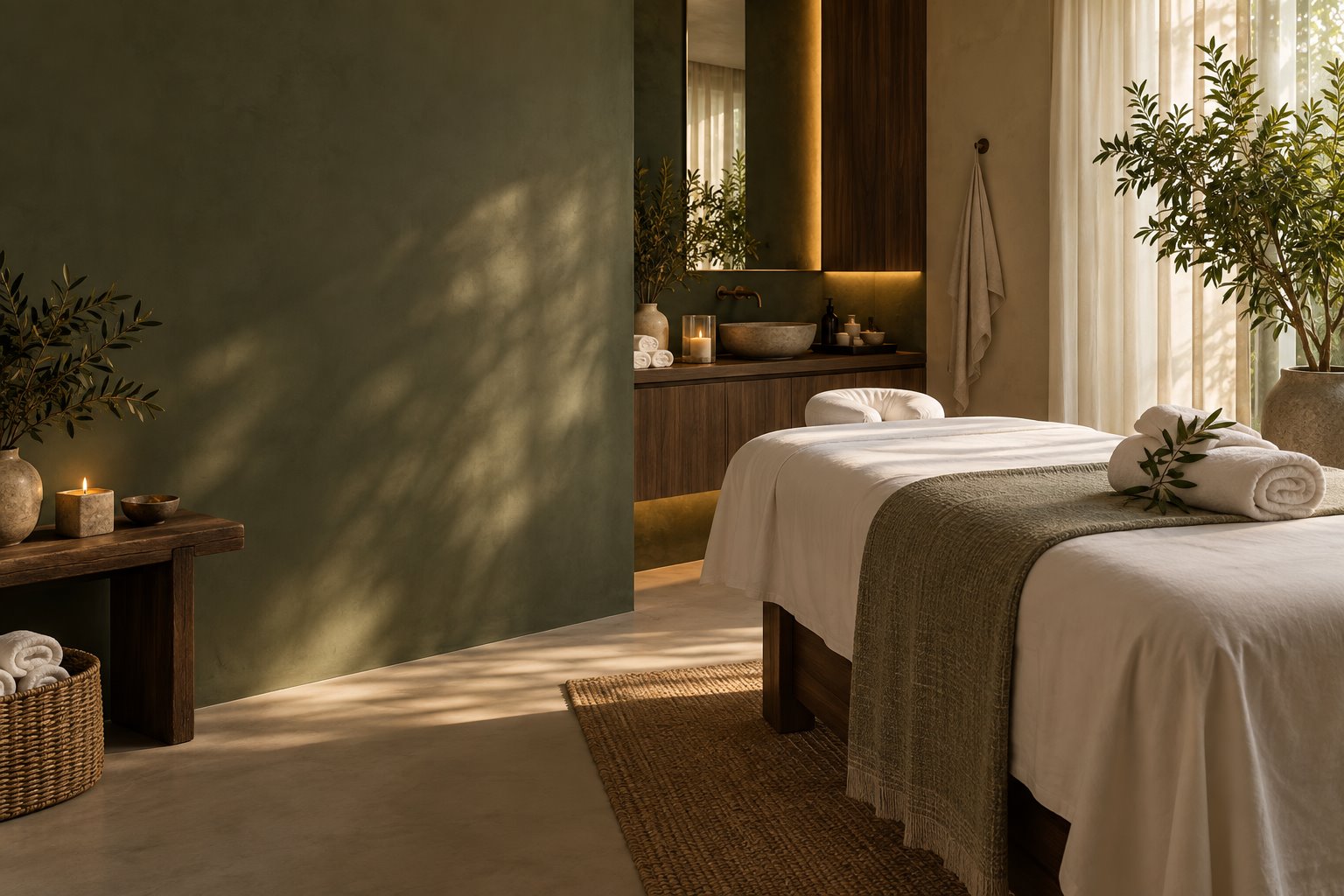 Illustrative spa interior with soft light and a prepared massage bed